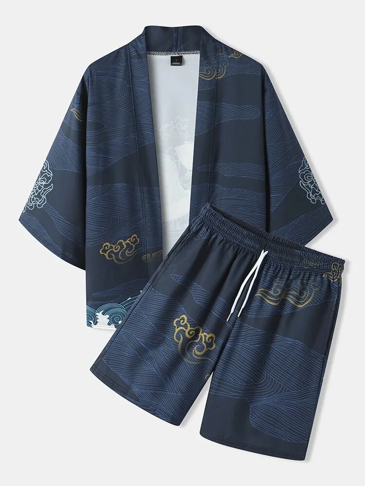 Summer thin kimono set, made of breathable cotton and linen material, in the style of Japanese yukata. It is cool and comfortabl
