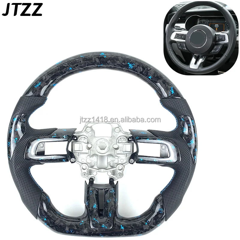 

2015 2016 2017 2018 2019 2020 Ford Mustang Blue Forged Carbon Fiber Steering Wheel Customized Decorative Cover Leather