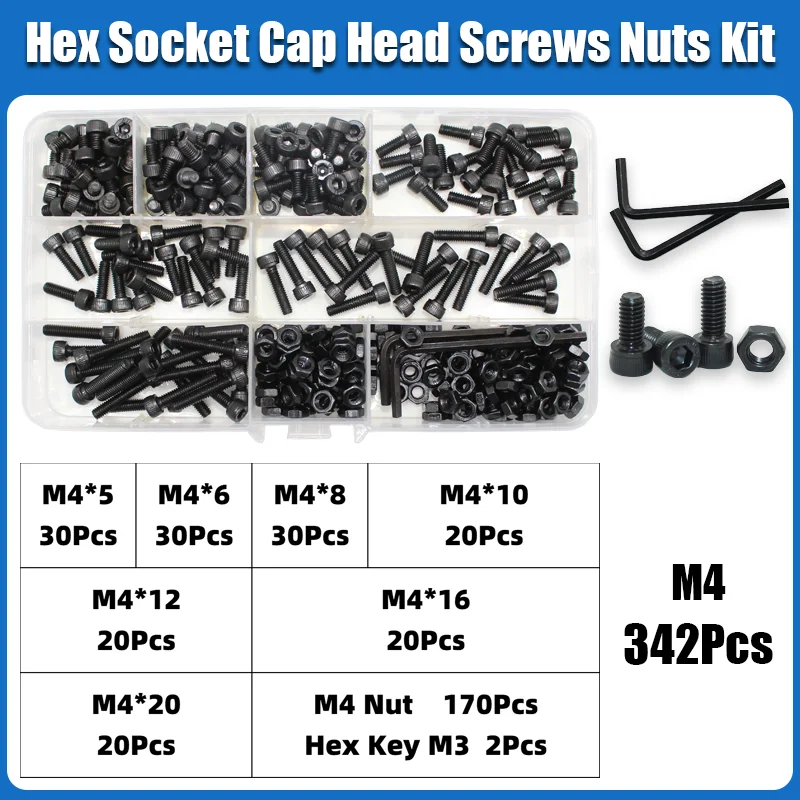 M2 M2,5 M3 M4 M5 M6 Innensechskant-Set Inbusschraube DIN912 Schwarz 12,9 Kohlenstoffstahl Schrauben Muttern Bolzen Unterlegscheibe Sortiment – Detail 13
