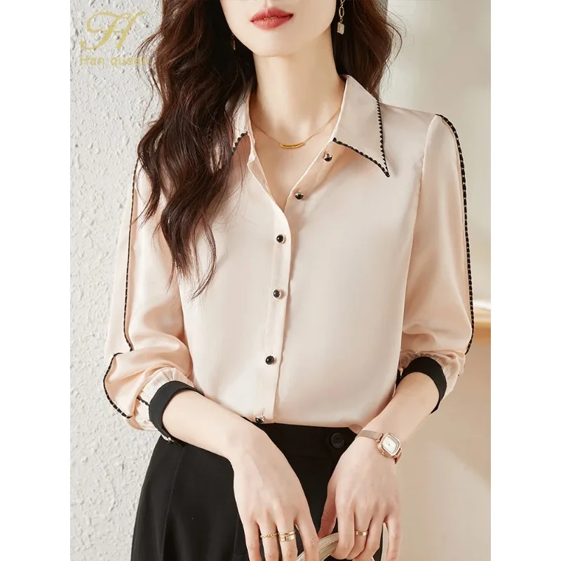 

Queen Korean Autumn Blusas Women Vintage Satin Colorblock Tops Chiffon Long Sleeve Casual Blouse Work Wear Office Shirts