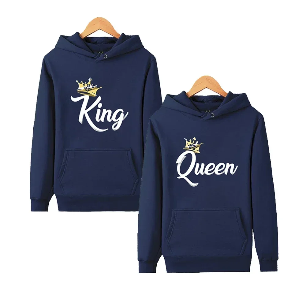 

King and Queen Print Hoodies Men Women Unisex Hooded Sweatshirts Casual Tops Lover Streetwear Male Female Couples Clothing