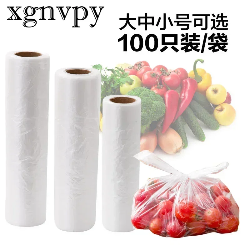 xgnvpy 100PCS Transparent Roll Fresh Keeping Plastic Bags Food Saver 3 Sizes Storage Bags with Handle for Food Preservation