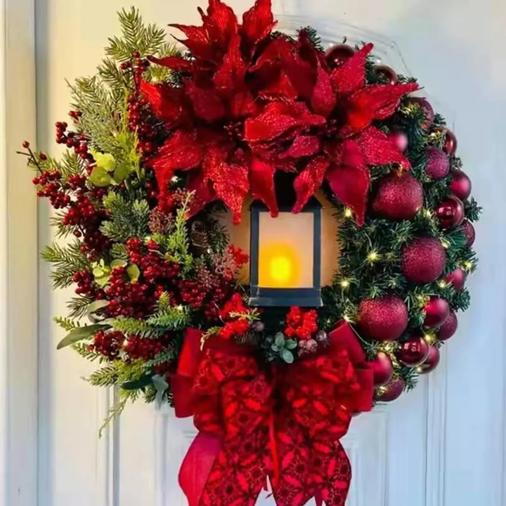 

40cm Christmas Wreath With Lantern Front Door Garland With Large Bow Seasonal Ornament Christmas Decoration For Front Door Wall