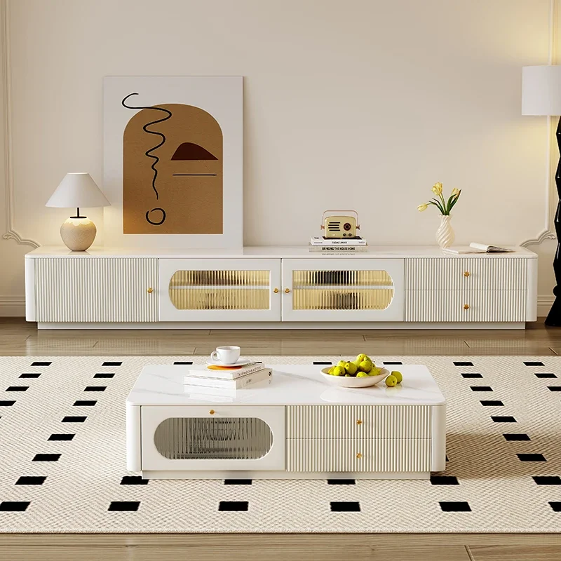 Furniture and Home Cream Wind Rock Plate Tea Table TV Cabinet Combination Living Room Household Small Unit Storage Floor Cabinet