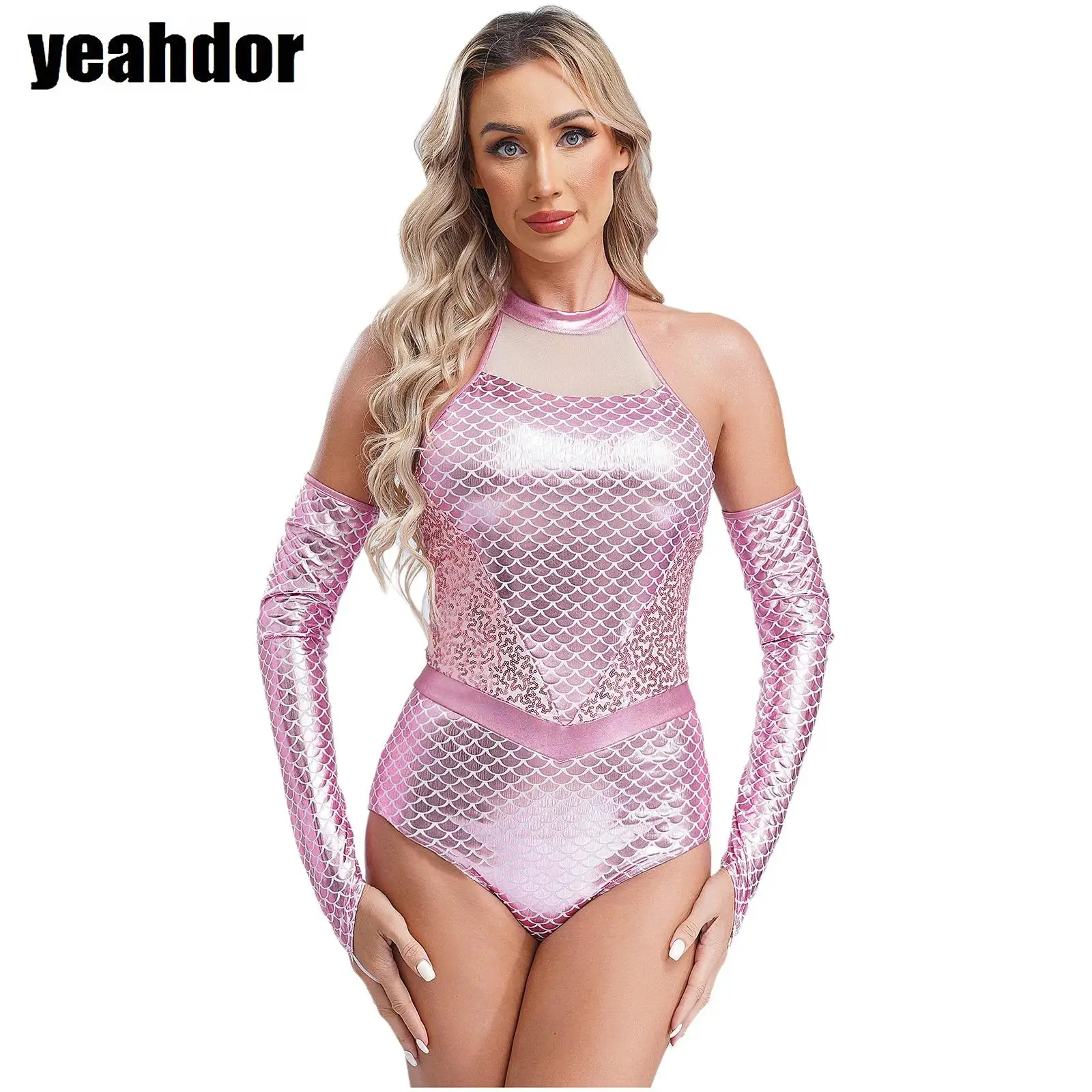 

Women Shiny Sequin Mermaid Bodysuit And Fingerless Gloves Halter Sleeveless Fishscale Leotard Jumpsuit Halloween Mermaid Costume