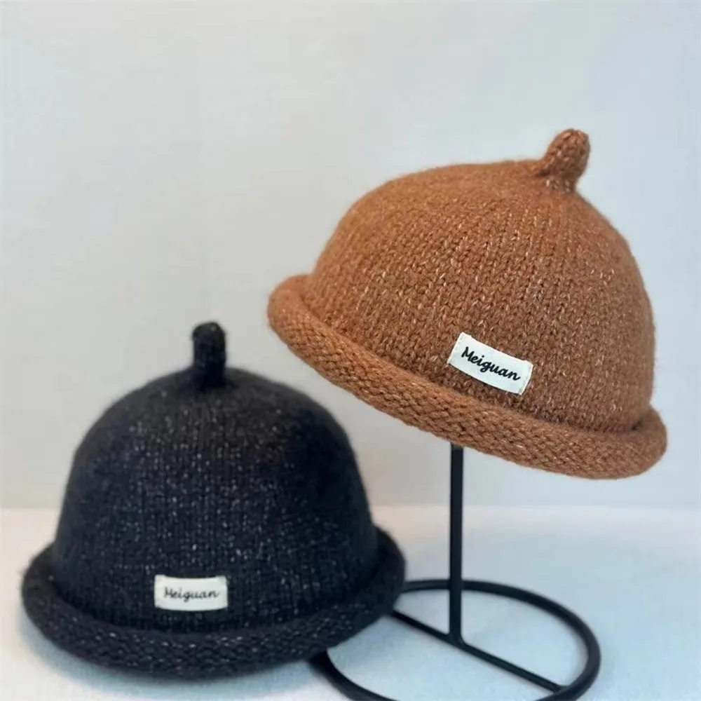 Cute Solid Color Knitted Beanies Cap Rolled Edge Multifunction Melon Skin Hat Beret Keep Warm Pacifier Cap Autumn
