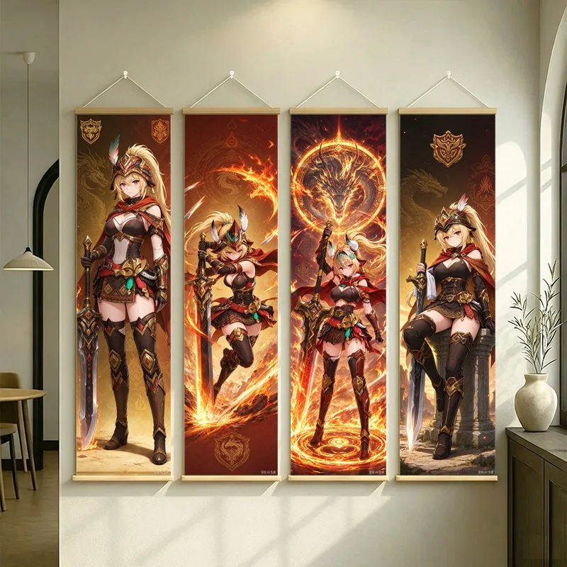 Hanging Scroll Wall Art of Genshin Impact Varesa with Red and Gold Glow on Silver Shimmer Canvas for an Anime Bedroom