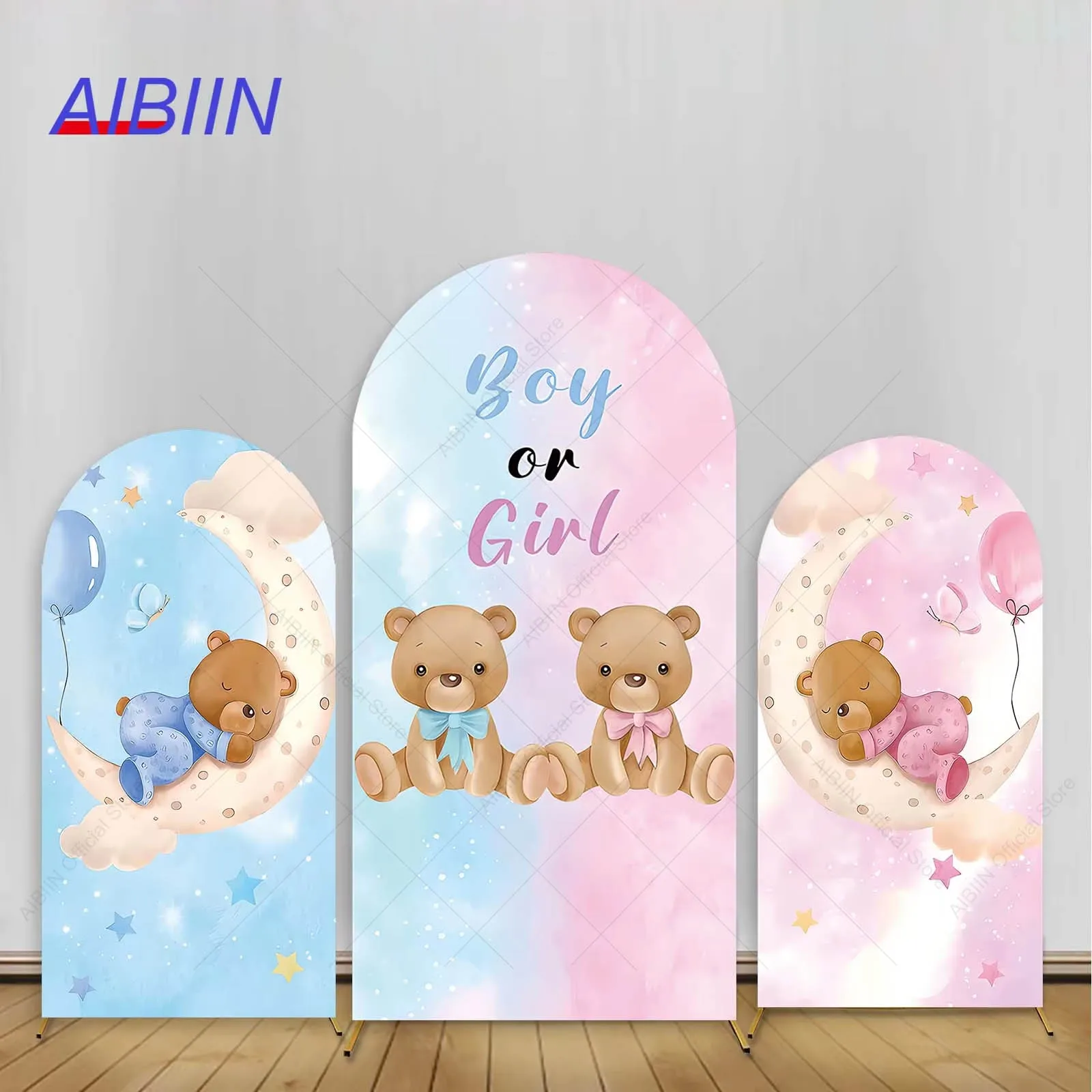 Boy or Girl Gender Reveal Arch Backdrop Cover Pink or Blue Watercolor Cute Bear Moon Balloon Baby Shower Party Decor Background