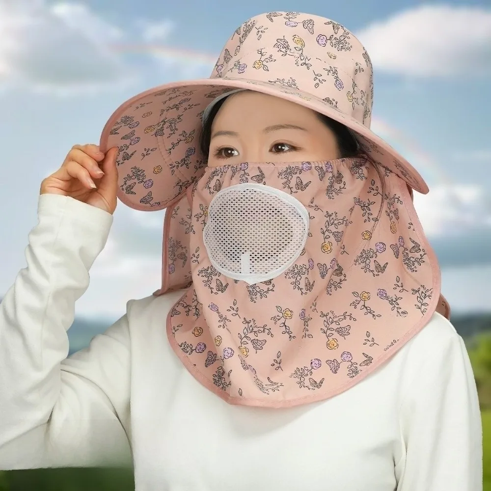 

Fashion With Mask Picking Tea Hat Wide-brimmed Polyester Sunshade Shawl Cap Thin Lightweight Neck Protection Hat Travel