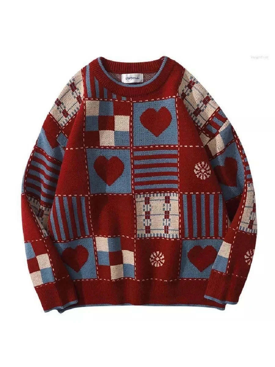 Womens Retro Plaid Love Heart Winter Couple Sweater Cartoon Design Streetwear Loose Pullover Casual Back To School Knit Sweater