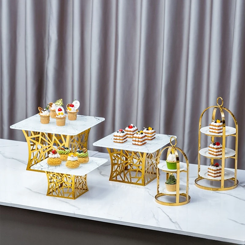 Light luxury golden dessert table display stand hotel wedding banquet cold meal tea break