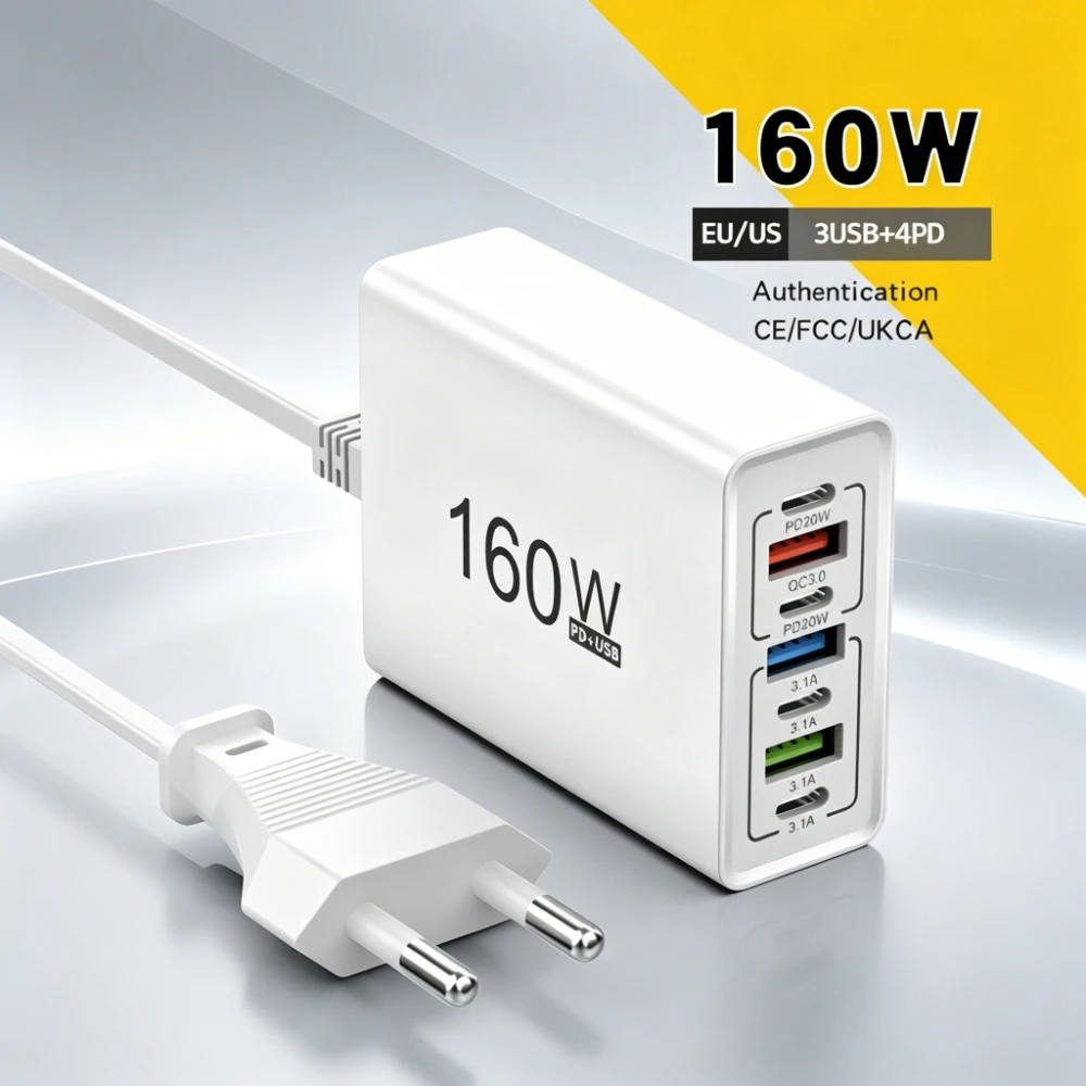 Cargador USB de 160W, tira de alimentación con múltiples puertos tipo C, enchufe de carga rápida para iPhone, Samsung, Xiaomi, Huawei, cargador de teléfono de carga rápida
