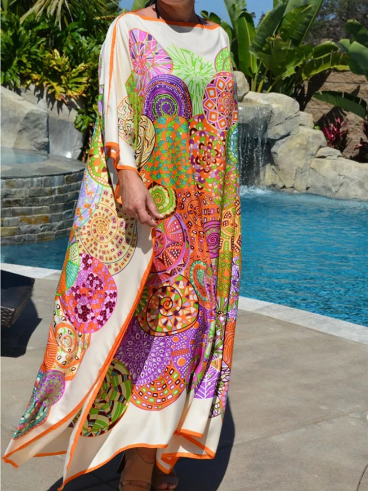 Robe de plage style bohémien, tunique Maxi, imprimé Floral, Kaftans pour femmes, vêtements de plage, vacances à la mer, d'été