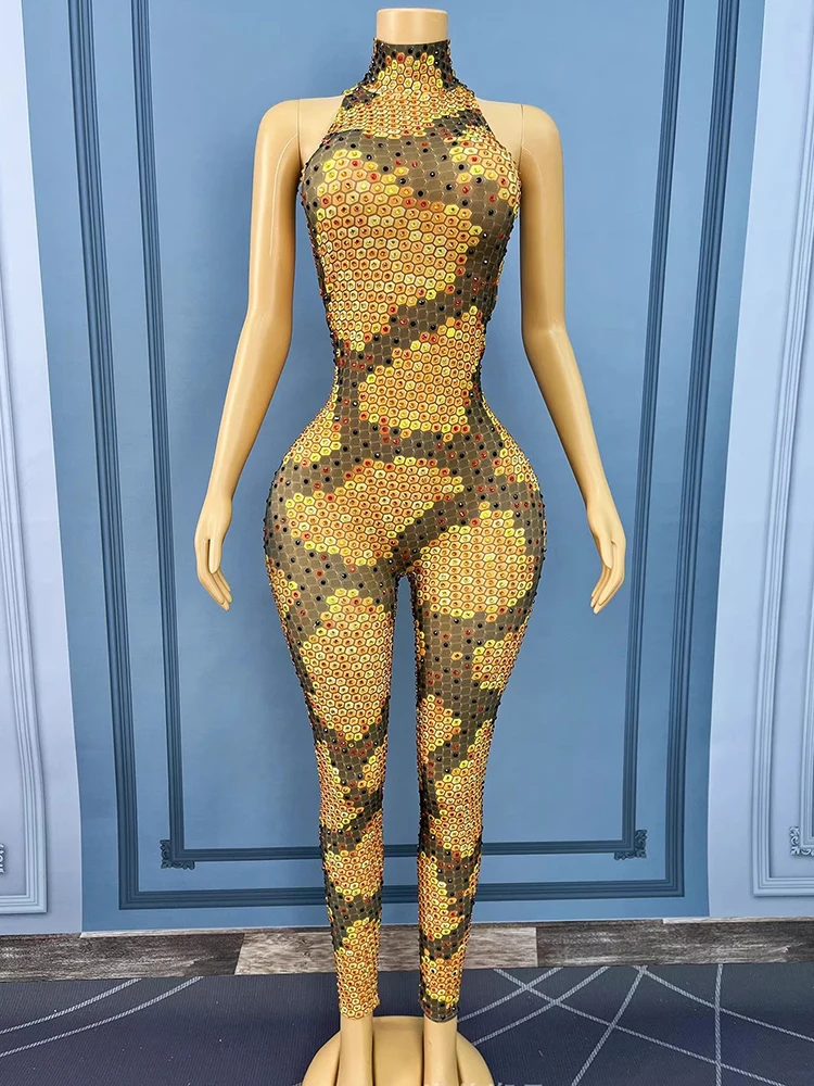 

High Quality Color Hot Stamping Sexy Neck Hanging Elastic Mesh Jumpsuit 2025 New Fashionable Custom Women'S Clothing