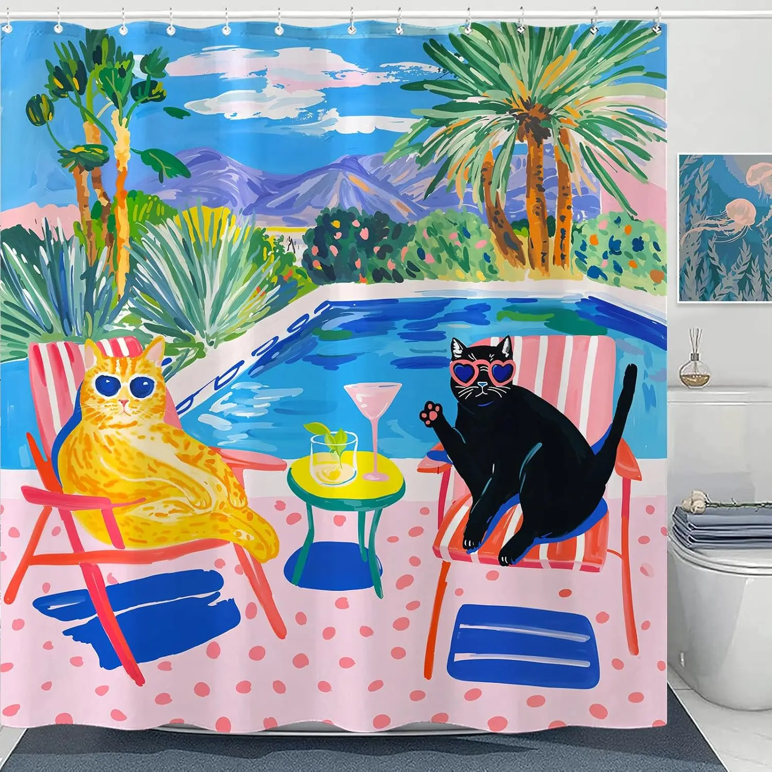 

Poolside Cats Shower Curtain Set Relaxing Evening Scene Waterproof Bathroom Shower Curtain Tropical Drink Print Leisure Home