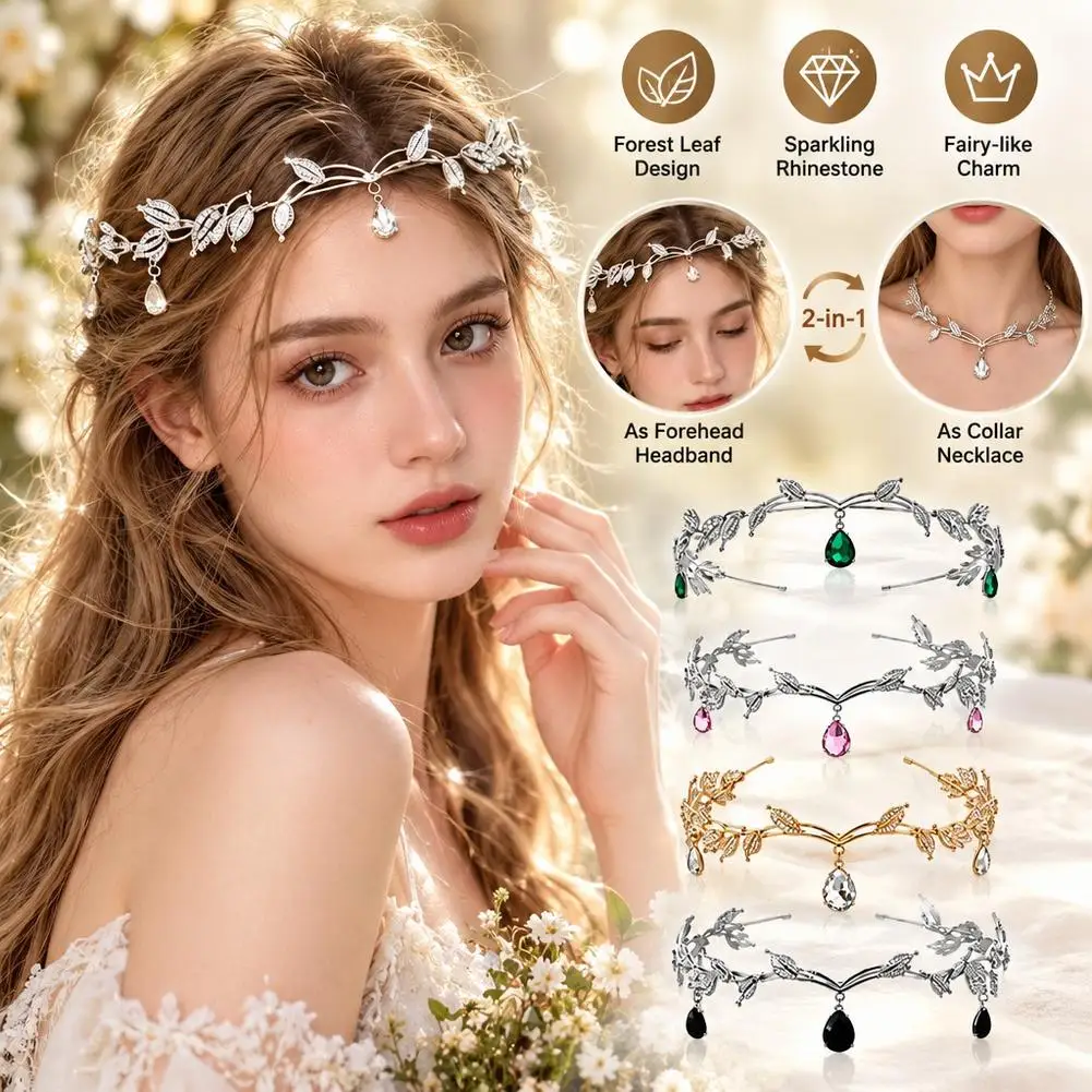 Crown Forest Leaf Water Drop Hair Hoop Hair Bands Full Diamond Bridal Ornament Super Immortal Escaping Princess Headwear
