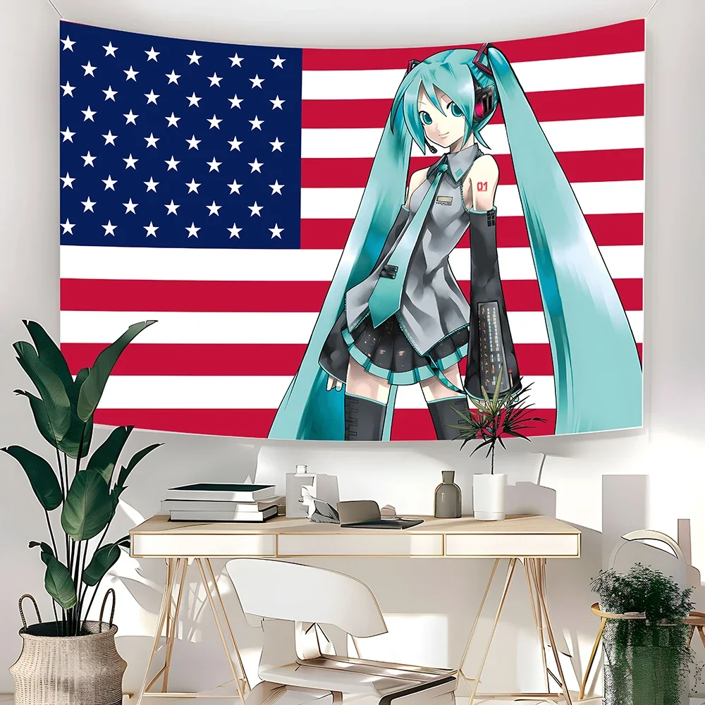 Miku American Flag Tapestry Anime Background Decoration Dormitory Bedhead Living Room Sofa Background Fabric Durable Decoration