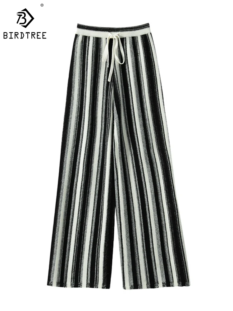 

Birdtree 7G 100% Cashmere High Waist Wide Leg Pants Women's Casual Striped Fashion Knitted Long Trousers Autumn Winter B39253QM