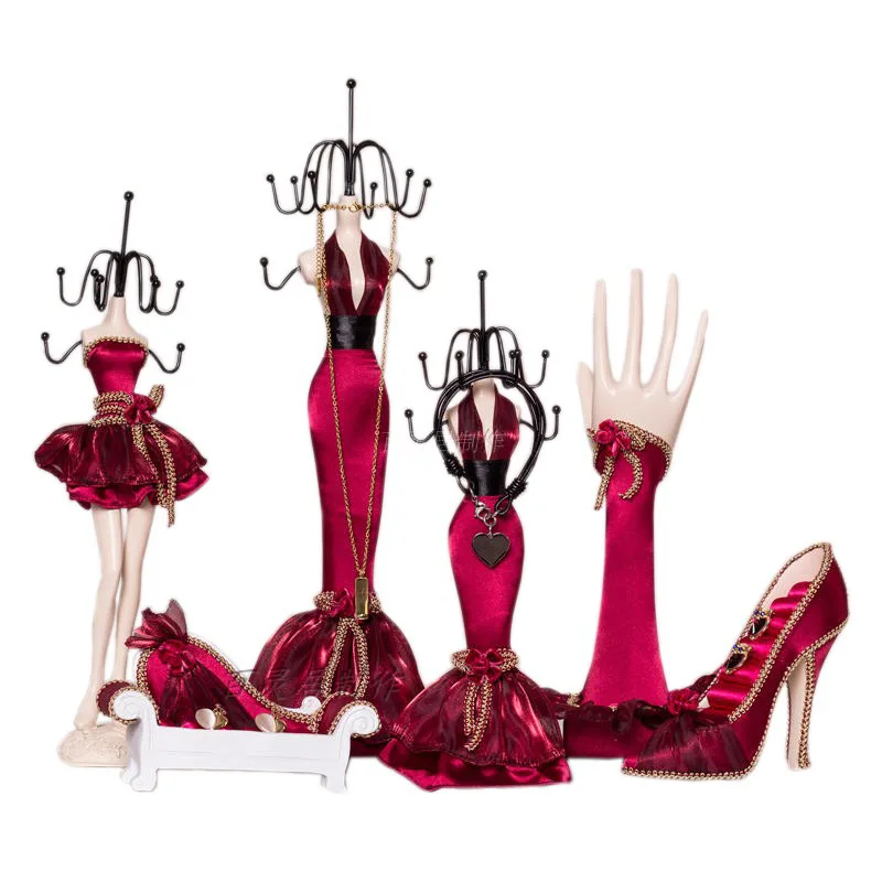 

Wine Red Princess Jewellery Display Stand Model Dress High-Heeled Shoes Earring Necklace Ring Jewellery Holder Stand