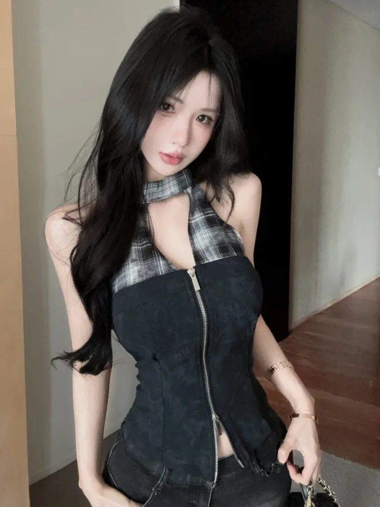 

Sweet And Spicy Short Splice Slim Fit Vest Dual Head Zipper Design Korean Style Summer New Arrival Breathable Skin-Friendly
