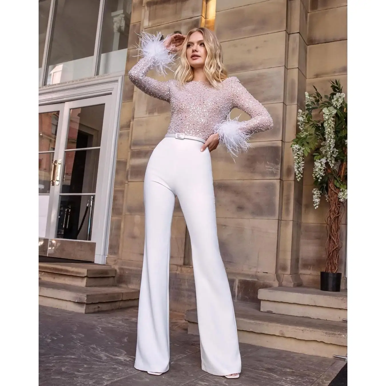 

Комбинезон в стиле пэчворк с блестками и перьями, цельные брюки с блестками и низкой талией, длинные штаны из полиэфирного волокна, лето