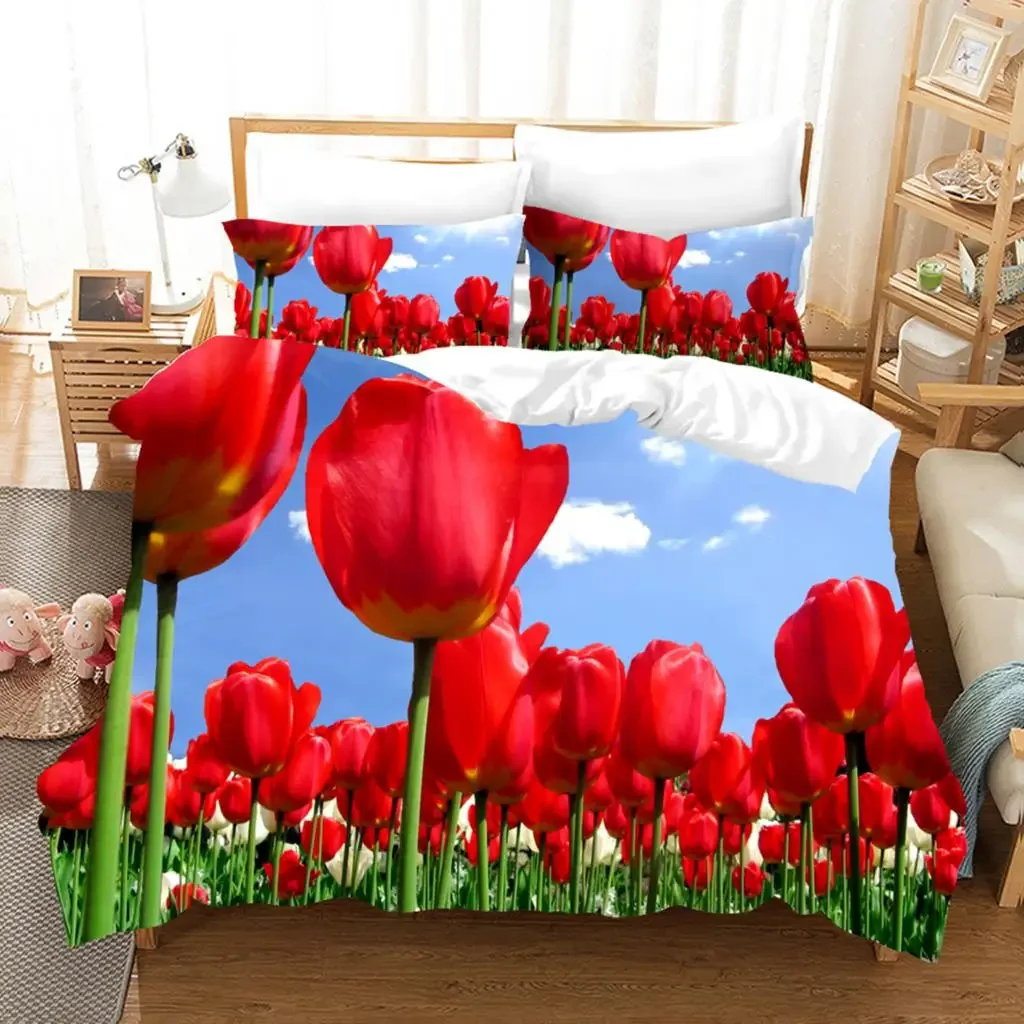 Tulip Duvet Cover Twin King,Spring Botanical Floral Bedding Set Garden Flower Elegant Rustic Comforter Cover for Boys Girls Room