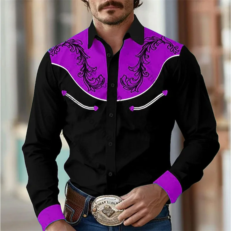 2024 Floral Retro Western Men\'s Shirt Outdoor Street Casual Daily Spring Summer Lapel Long Sleeve Black XS-6XL Stretch Fabric