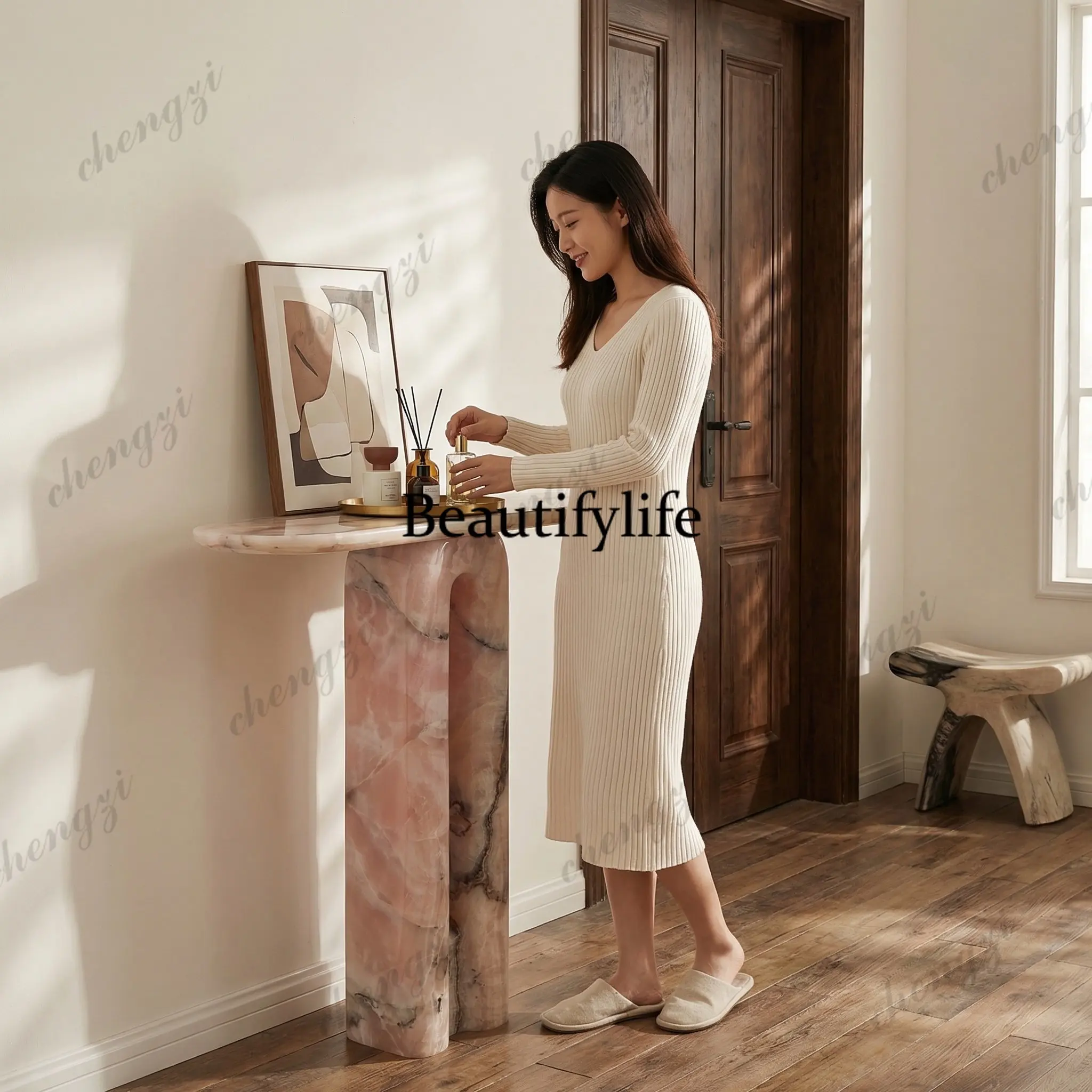 Pink natural agate jade, villa hotel model room, living room entrance table and counter case