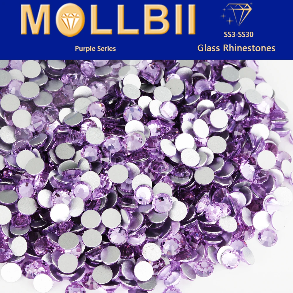 

MollBii Purple Non Hotfix Rhinestones Glitter Glass Flatback Crystals Stone DIY Nail Charms Strass стразы SS3-SS30 1440pcs