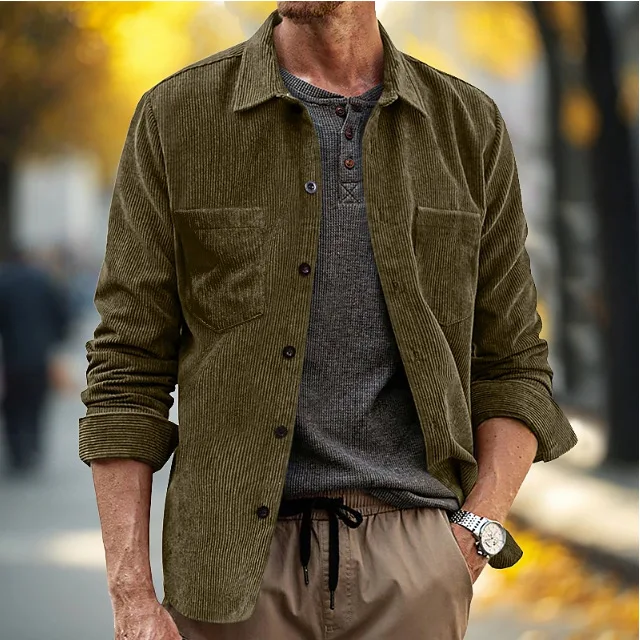 Men's Spring Autumn Corduroy Long Sleeve Casual Pocket Turn-down Collar Shirt Jacket