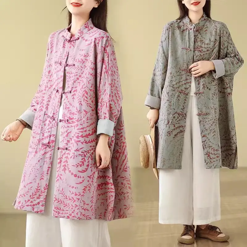 Women's Spring Loose Cotton Linen Coat - Art Retro Printed Shirt Jacket with Bat Sleeves & Pan Buttons, Mid-Length Oversized Top