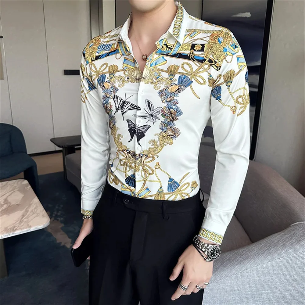 Men's cartoon bear patterned long sleeved shirt, streetwear, butterfly casual top, elegant clothing, comfortable polyester fiber