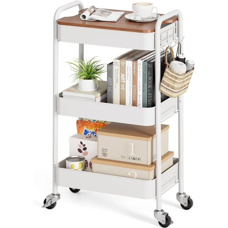 3-Tier Rolling Cart, Metal Utility Cart with Detachable Tray Top, Storage Craft Art Cart Trolley Organizer Serving Cart Ea