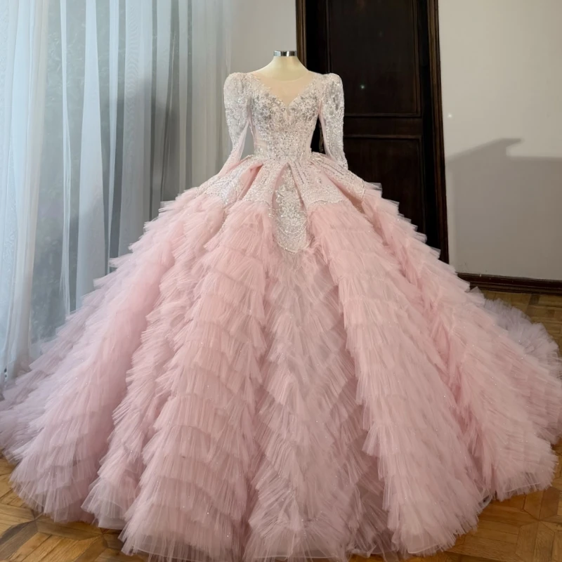 

Light Pink Ball Gown Quinceanera Dresses Applique Lace Beading Crystal Tiered Tull Corset Off The Shoulder Sweet 16 Dress vestid