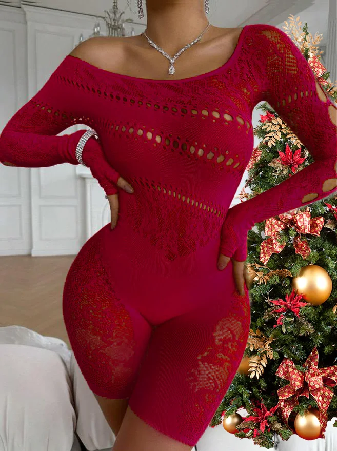 Christmas hollow out sexy curves nightclub party transparent super elastic mesh playsuit bodysuit romper jumpsuit lingerie