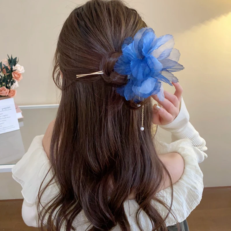 Gradient Color Fabric Flowers Hair Clip Hair Sticks For Women Chinese Style Imitation Pearl Fringe Hairpins Hair Accessories