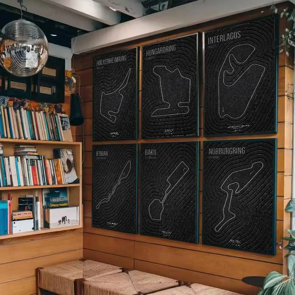 Track Contour Map Poster Black Minimalist Race Circuit Topography Wall Print Art Poster for Man Cave Garage Decor