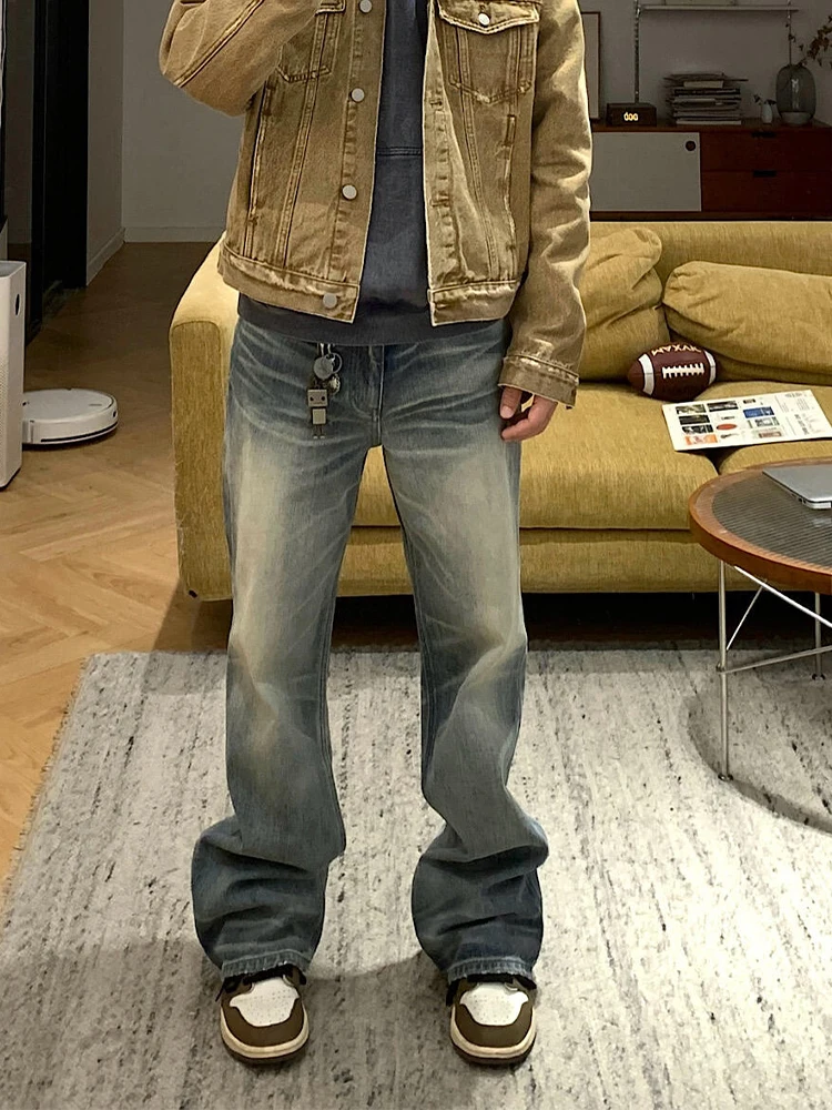 

Retro American Blue Straight Leg Jeans Men's Spring Autumn Trendy Brand Faded Knife Pants Slim Micro Flare Long Trousers