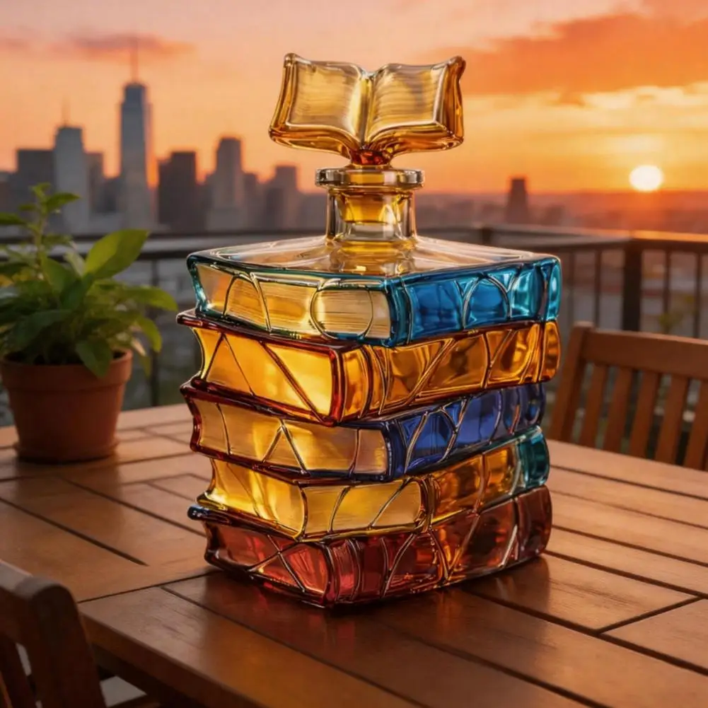 Stained Glass Book-Shaped Wine Decanter 700ml Handcrafted Glass Bottle with Book Stopper Colorful Literary Home Decor Unique Gif