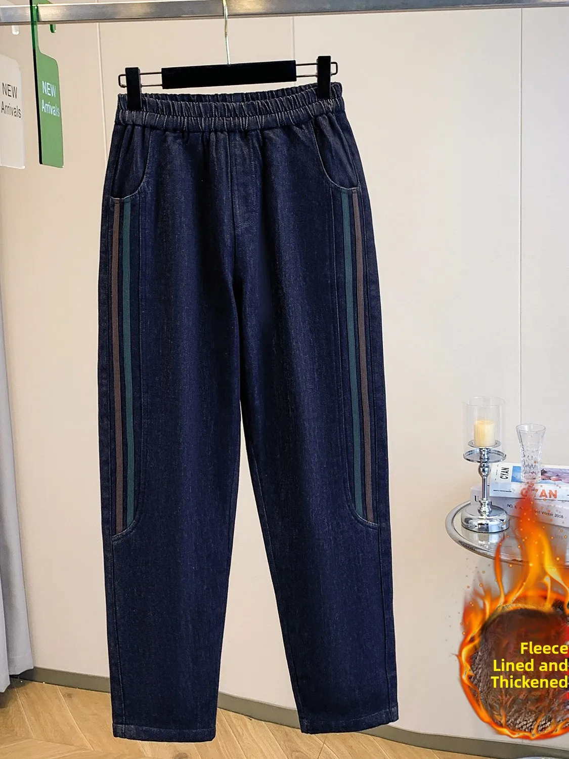 

plus Size Women's Fleece Lined Thickened Elastic Denim Pants High Waist Wide Leg Casual Style Warm Spring New Arrival