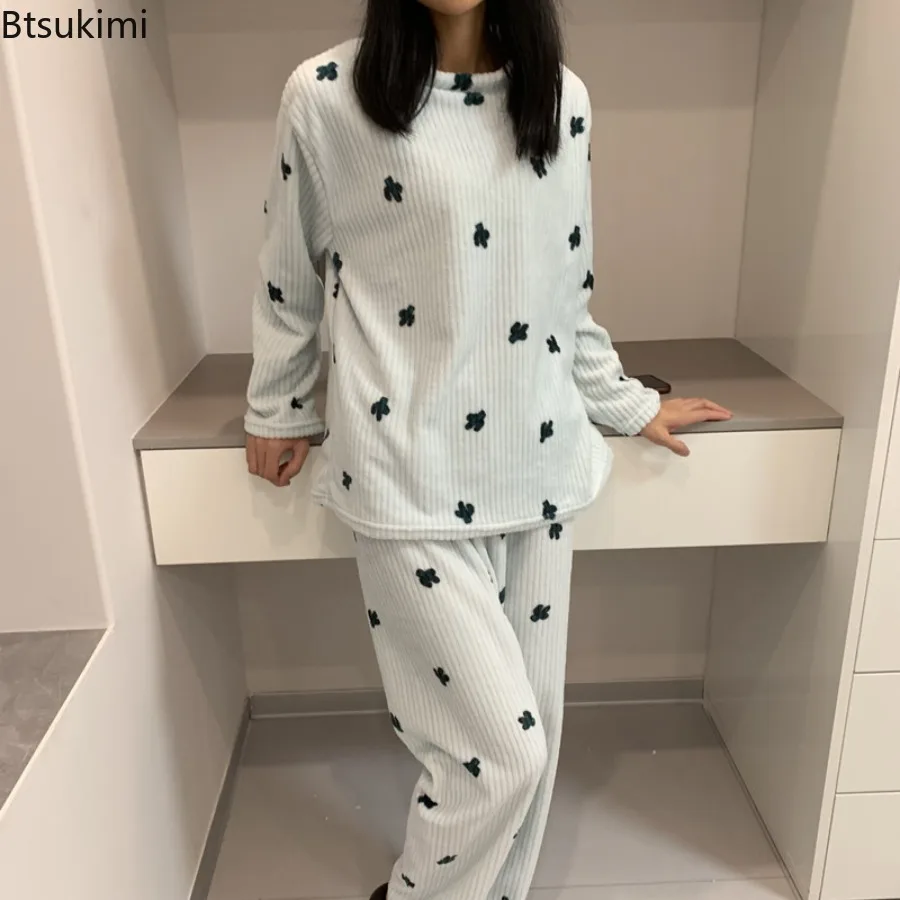 

Women's Fall and Winter Warm Pajamas Homewear Suit Girls Students Coral Fleece Thickened Plush Warm Facecloth Pajamas Homewear