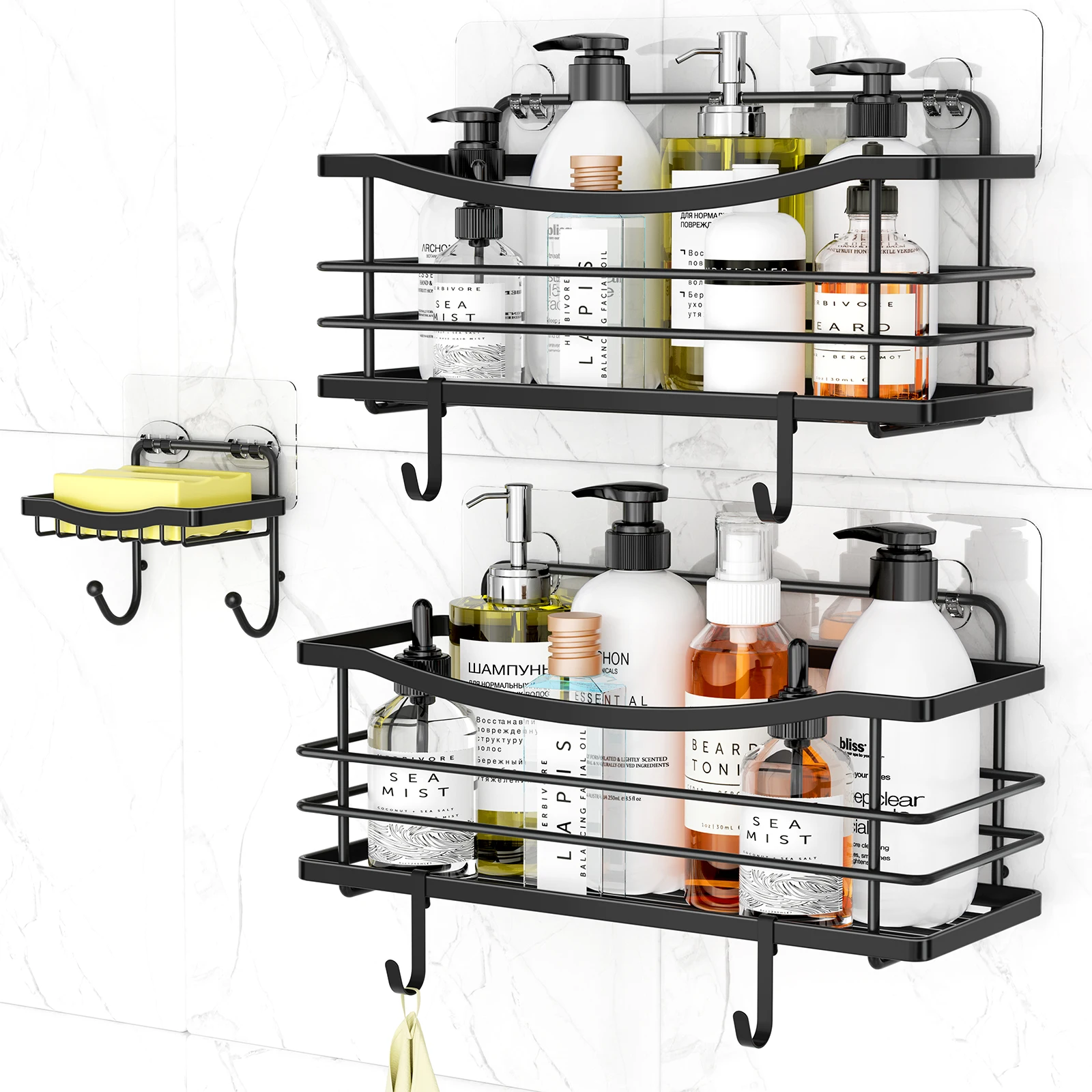 3Pcs Silver Black Bathroom Shelves Waterproof Stainless Steel No Drill Storage Rack With 4 Hooks Shampoo Soap Holder Accessories