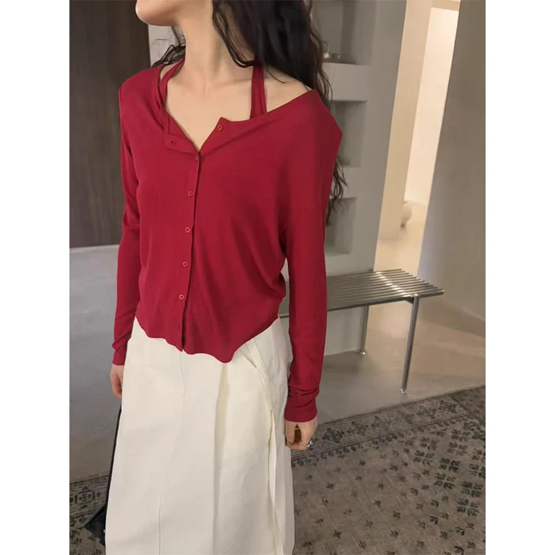 ชุดเซ็ตสองชิ้น เสื้อกั๊กสายเดี่ยวแบบยาวเปิดไหล่ สไตล์หวาน สีพื้น รุ่น Ele Gentle Dongdaemun 25 Autumn Hanging Ne Strap Vest Long Sve Open Cardigan สำหรับผู้หญิง