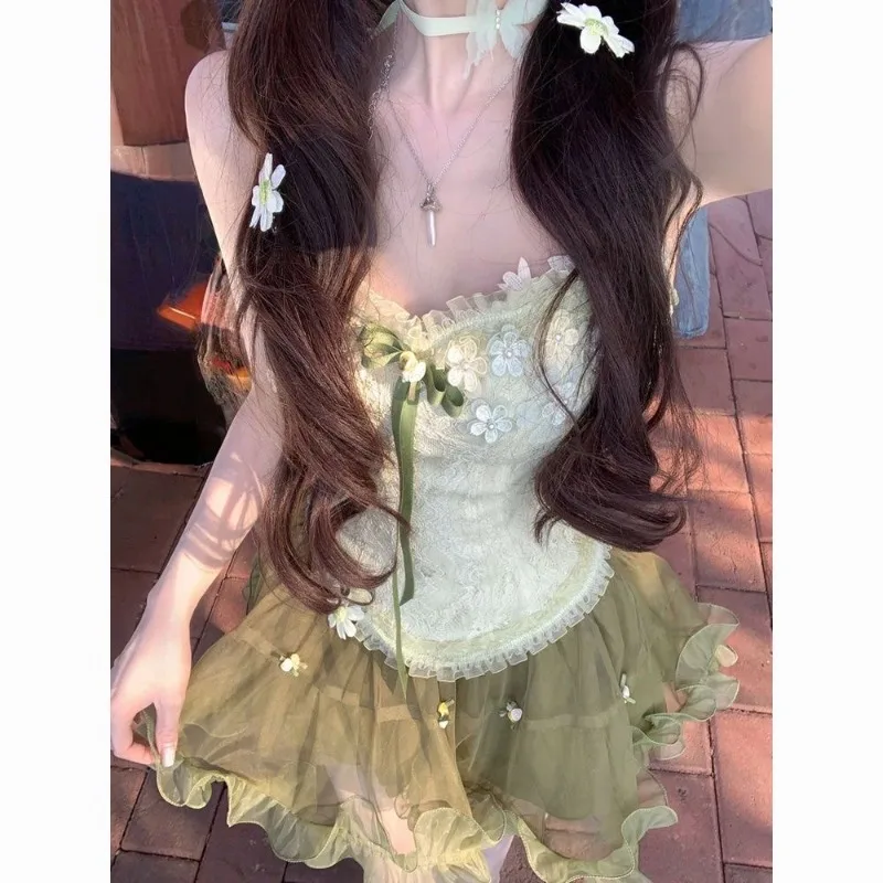 Vintage Chic Off Shoulder Bow Sling Tops Female + Elastic Waist Short Skirt Outfits Fashion Summer Sweet Slim 2-piece Set Women