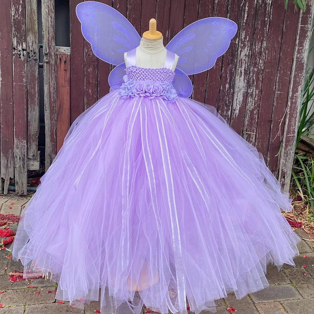 Girls Lavender Fairy Dress Kids Crochet Flower Tutu Dress Ball Gown with Butterfly Wing Children Birthday Party Costume Dresses