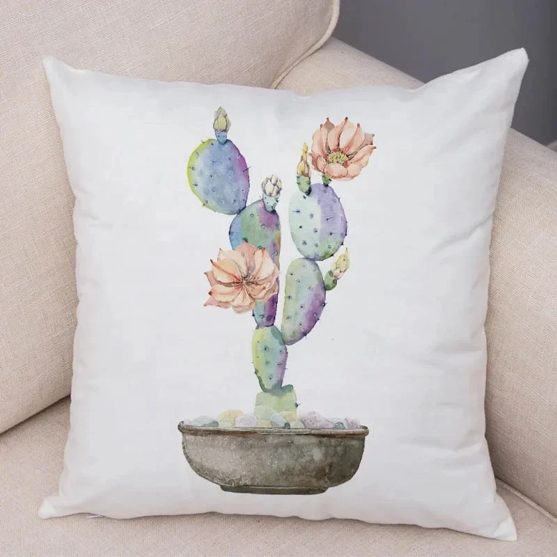 Watercolor Cactus Pillow Case Decor Print Green Plant Cushion Cover for Sofa Home Super Soft Peach Skin Pillowcase 45*45cm