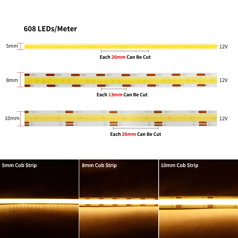 DC12V/24V COB CCT LED Strip Lights 608Leds/m Color Temperture 3000K TO 6000K Flexible LED Tape 5/8/10mm PCB Width Light RA90