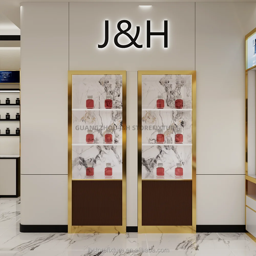 ตู้โชว์น้ำหอมหรูหราสีทองแบบติดผนัง ดีไซน์ตกแต่งร้านค้าและโชว์เครื่องประดับสั่งทำพิเศษจากโรงงาน