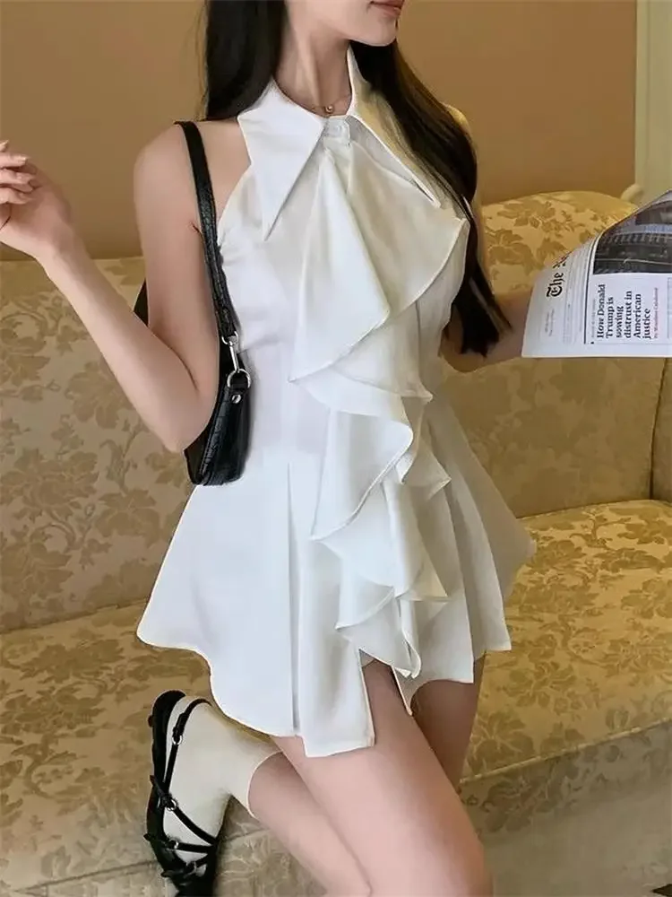 

Блузка без рукавов с рюшами, белый топ, женская летняя французская элегантная женская тонкая рубашка средней длины, однотонная