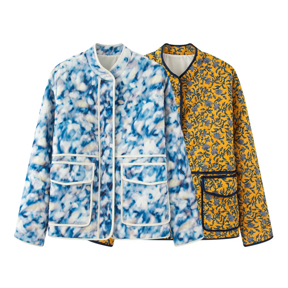 

BSK&TRAF Women's 2025 New Pastoral Style Flap Large Pocket Decorative Stand Collar Long Sleeve Quilted Cotton Jacket